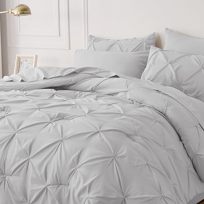 Bedsure Light Grey Comforter Set Queen - Bed in a Bag Queen 7 Pieces, Pintuck Beddding Sets Green Bed Set with Comforter, Sheets, Pillowcases & Shams