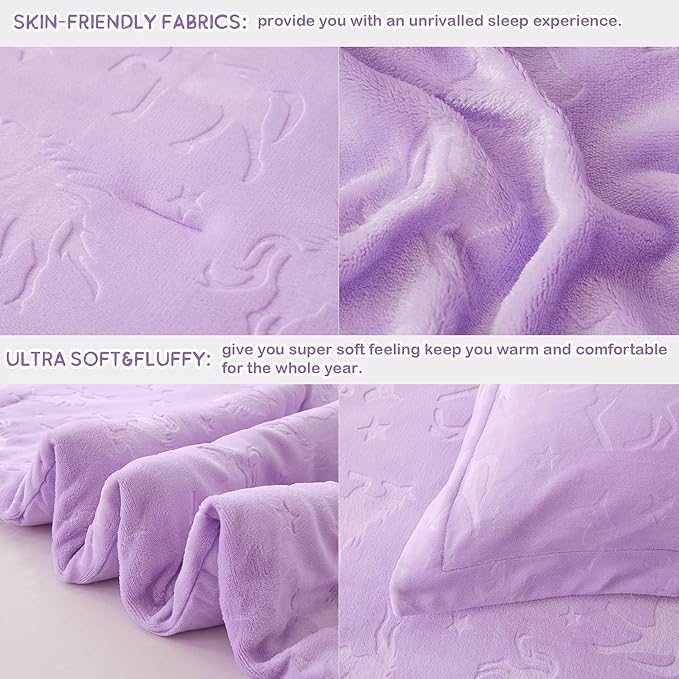 Mooreeke Twin Kids Comforter Bed Set, Embossed Plush Fleece Soft & Warm 2 Piece Bed in A Bag with Shams, Velour Velvet Purple Unicorn Girls Kids Bedding Set, Fluffy Fuzzy Polar Cozy and Stylish