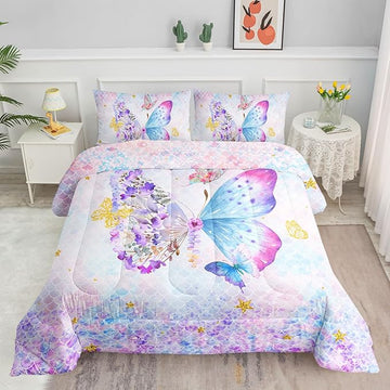 Datura home Butterfly Comforter Set Scales Butterfly Printed Quilt Bedding Set with 1 Comforter and 2 Pillowcases for Boys and Girls Bedroom All Season(Butterfly Scales Queen)