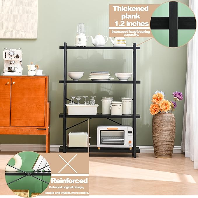 HCHQHS Bookshelf, 4-Tier Industrial Bookcase, Black Open Book Shelf, Freestanding Tall Bookshelves with Metal Frame