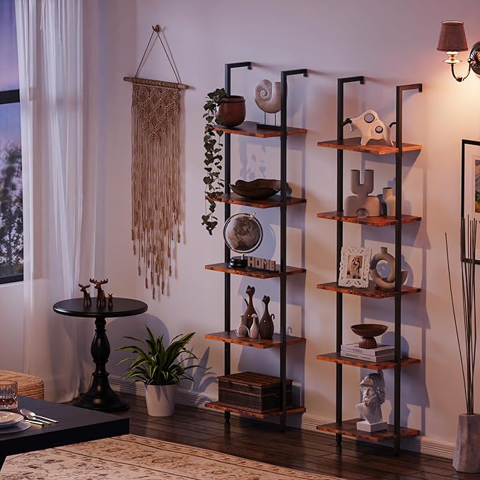 SUPERJARE 5-Tier Bookshelf, Narrow Book Shelf Set of 2, Open Wall-Mounted Ladder Shelf with Metal Frame, Display Bookcase for Home Office, Bedroom, Rustic Brown