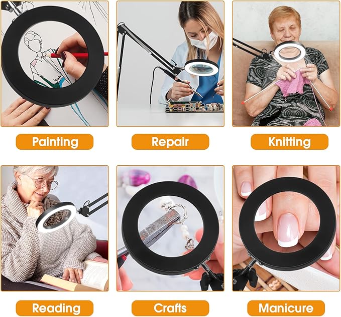 5X Magnifying Glass with Light and Stand, Real Glass Desk Lamp & Clamp, Craft Light Lamp with 3 Color Modes, LED Lighted Magnifier with Light for Hobby Reading Crafts Repair Close Works(Black)