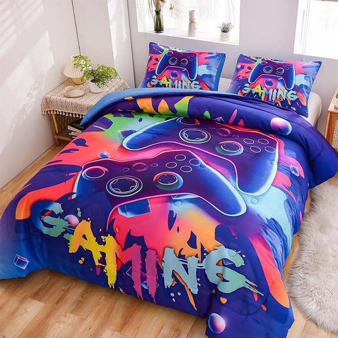 Aimuan Gaming Comforter Sets for Boys Kids Bedding Sets Video Games Console Action Buttons Novelty Colorful Game Gamepad Controller Modern Gamer Room Decor Home Quilt Set (Full, Purple)