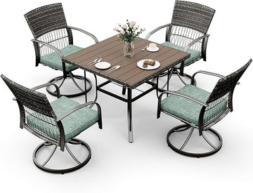 Pamapic 5 Piece Patio Dining Set for 4,Outdoor Wicker Furniture Set for Backyard Garden Deck Poolside with 4 Cushions Swivel Rocker Chairs,Square Plastic-Wood Table Top, Removable Cushions(Green)