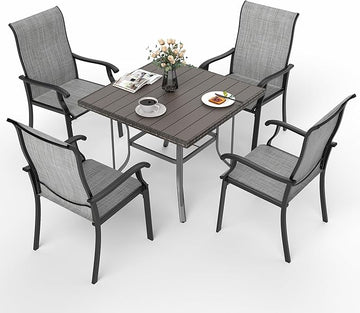 Pamapic 5 Pieces Patio Dining Set, Outdoor Table and Chairs for Garden Backyard Poolside Deck,Outdoor Furniture Set with Square Plastic-Wood Table Top,4 Textilene Chairs,Gray