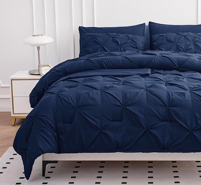 LANE LINEN Twin Comforter Set, 5 Piece Twin Bedding Sets for Boys, Pintuck Twin Size Bed Set, Pinch Pleated Twin Bed in a Bag Set, Twin Bed Comforter Set with Sheets, Pillowcase & Sham - Navy Blue
