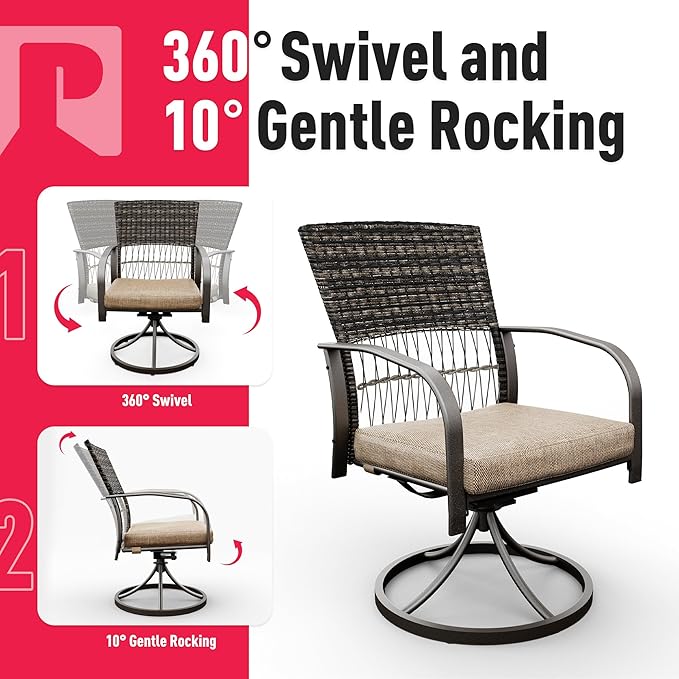 Pamapic 7 Piece Patio Dining Set for 6,Outdoor Wicker Furniture Set for Backyard Garden Deck Poolside with 4 Dining Chairs and 2 Swivel Rockers,Iron Slats Table Top, Removable Cushions(Beige)