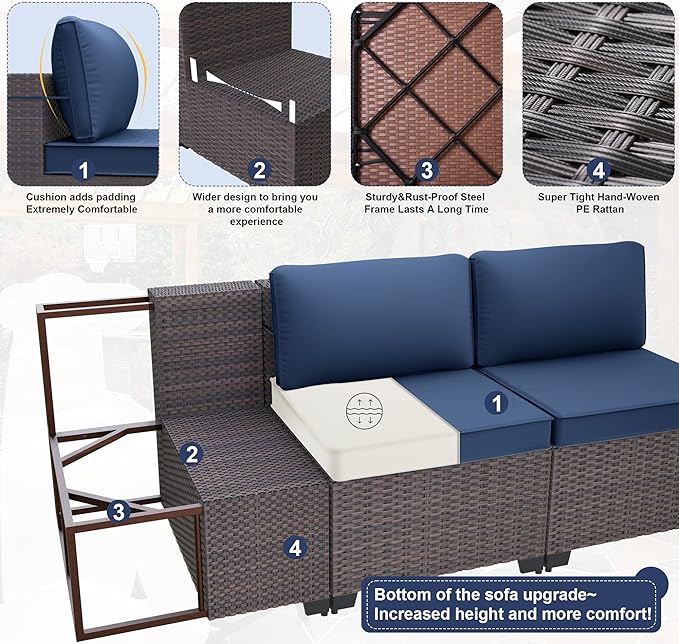 Patio Furniture Set 14-Piece Outdoor Furniture for Backyard Wicker Sectional Sofa Set, PE Rattan Patio Conversation Set 12 Seat with Thickened Cushions and Glass Coffee Tables, Navy Blue