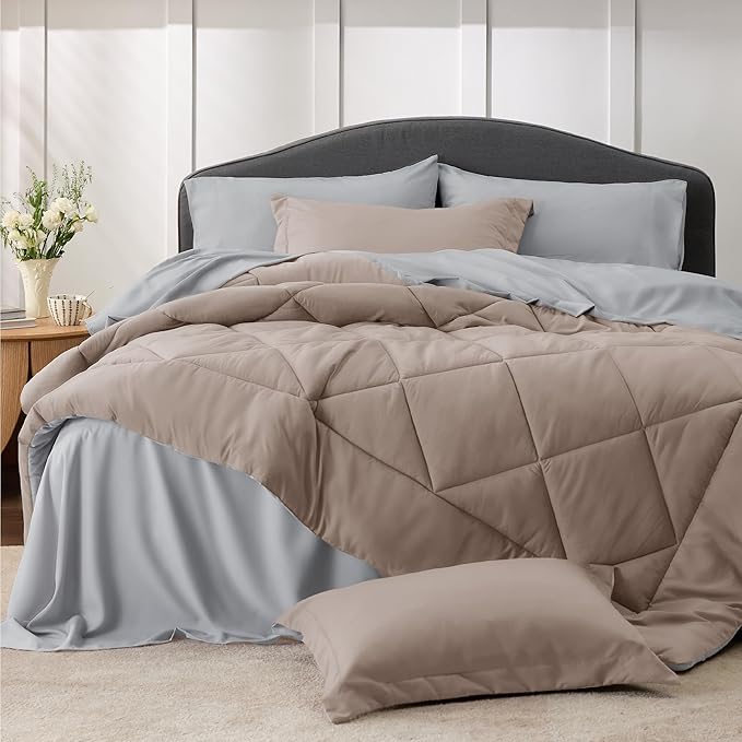 Bedsure Taupe California King Size Comforter Set - 7 Pieces Reversible California King Bed in a Bag King Bed Set with Comforters, Sheets, Pillowcases & Shams, California King Bedding Sets