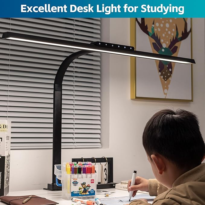 Desk Lamp, Stepless Dimming Desk Lamp with Clamp Flexible Gooseneck Desk Lamps for Home Office Eye Caring Desk Light Modern 24W Office Light for Sewing Studying Working Drawing