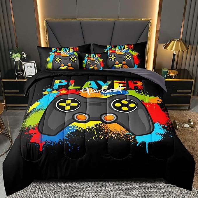 6 Pieces Gamer Comforter Set for Boys Gaming Bedding Set Full Size,Video Game Controller Comforter for Boys Kids Adult 3D Gamepad Microfiber Bedding Sets 6 Pieces Bed in A Bag Sets30019,Full