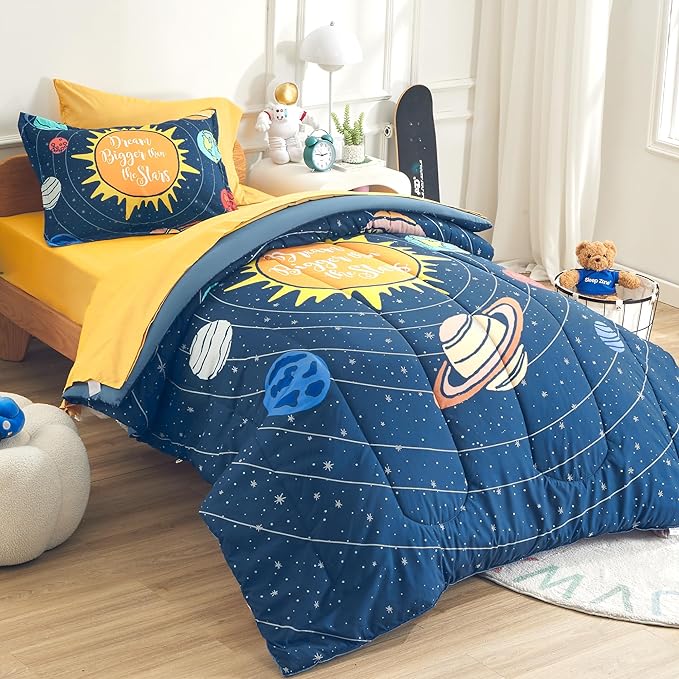 SLEEP ZONE 5 Pieces Bedding Super Soft Comforther Set, Soft Lightweight Bed in a Bag, Durable Children Bed Set, Easy Care, All Season (Solar System, Twin)