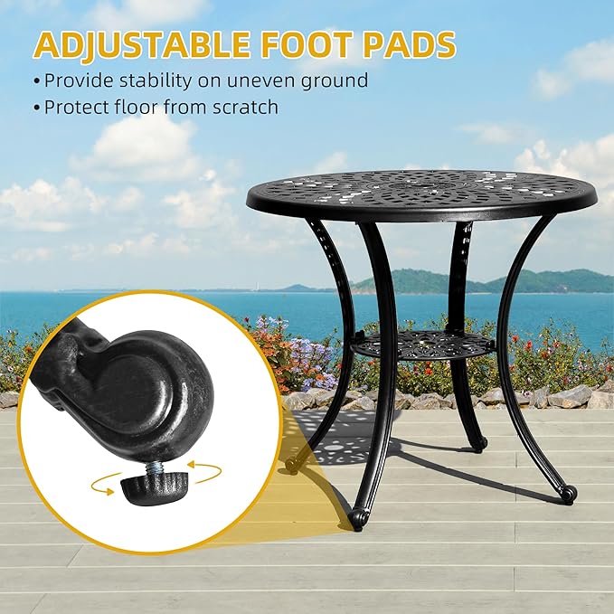 DWVO 5 Piece Outdoor Furniture Cast Aluminum Patio Dining Sets, All-Weather Patio Bistro Sets with 4 Chairs, 30 Inches Round Table with Umbrella Hole, Adjustable Feet for Balcony Backyard Deck Garden