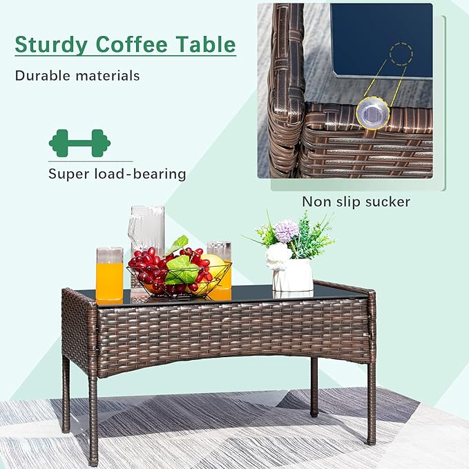Greesum Patio Furniture 4 Pieces Conversation Sets Outdoor Wicker Rattan Chairs Garden Backyard Balcony Porch Poolside loveseat with Soft Cushion and Glass Table, Brown and Red