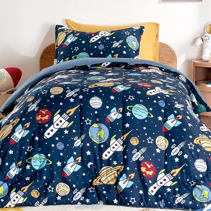 SLEEP ZONE Kids Bedding Comforter Set Full/Queen Size - Super Cute & Soft Kids Bedding 7 Pieces Set with Comforter, Sheet, Pillowcase & Sham (Rocket Galaxy)