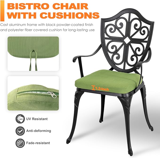 NUU GARDEN 3 Piece Outdoor Bistro Set Cast Aluminum Patio Set Bistro Table Set Rustproof Patio Table and Chairs with Umbrella Hole and Green Cushions for Backyard, Balcony, Porch, Black