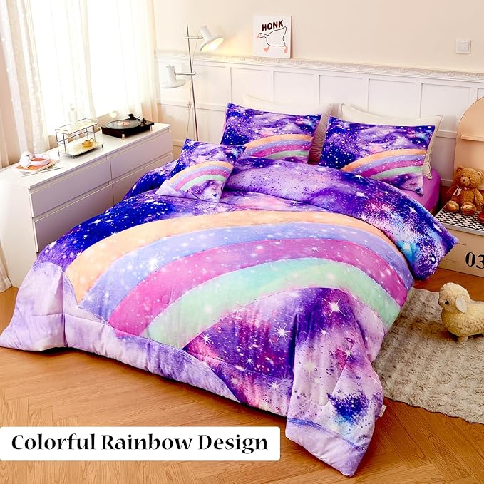 6Pcs Purple Rainbow Twin Size Bedding Set for Girls Gradient Glitter Kids Comforter Sets Tie Dye Girls Bed Set Sparkle Galaxy Bed in A Bag with Sheets