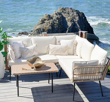 YITAHOME 4 Pieces Patio Furniture Set, Outdoor Rattan Woven Conversation Sectional L-Shaped Sofa with 5 Seater for Backyard, Porch, Boho Detachable Lounger with Cushions and Side Table - Beige