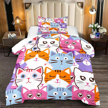 Cartoon Cat Bedding Set - 2Pcs Cute Cat Comforter Set for Bedroom Kids Boys Girls Cat Bedding Decor for All-Season Colorful Kitten Pattern Lovely Animal 1 Cat Comforter with 1 Pillowcase, Twin Size