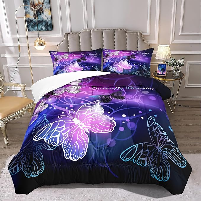3D Butterfly Comforter Set Full Size for Girls Teens, 3Pcs Purple Animals Pattern Printed Bedding Set for All-Season, Lightweight Soft Breathable Bedroom Fantasy Quilt with 2 Pillowcases