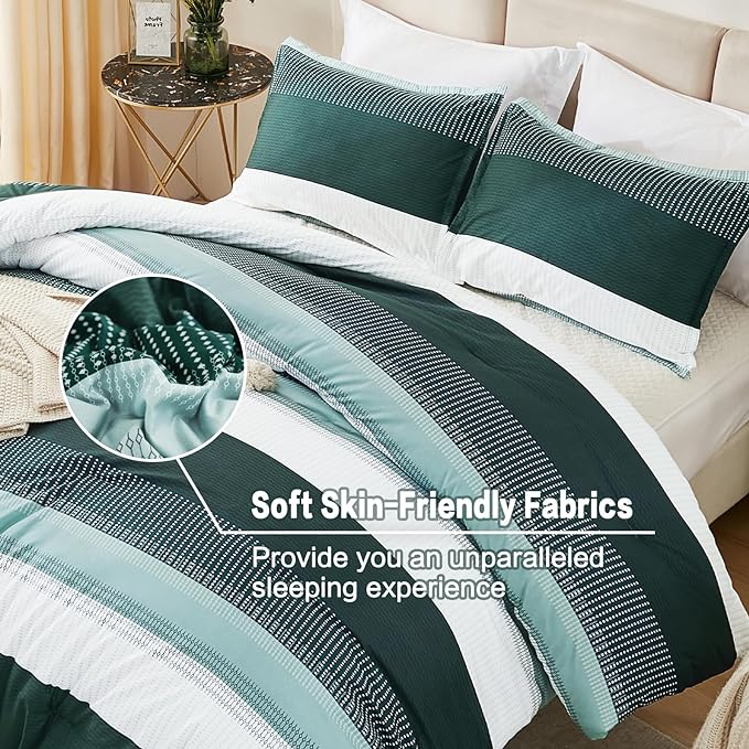 Litanika Dark Emerald Green King Bed Comforter Set, 3 Pieces Bedding Set, Colorblock Stripe Vintage Bed Set (104x90In Comforter & 2 Pillowcases)