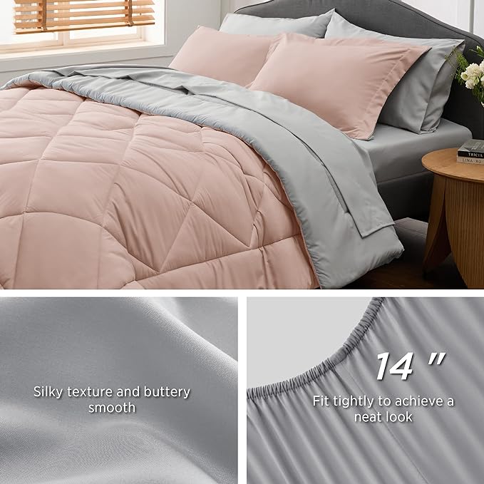 Bedsure Blush Pink California King Size Comforter Set - 7 Pieces Reversible Cal King Bed in a Bag Bed Set with Comforters, Sheets, Pillowcases & Shams, California King Bedding Sets