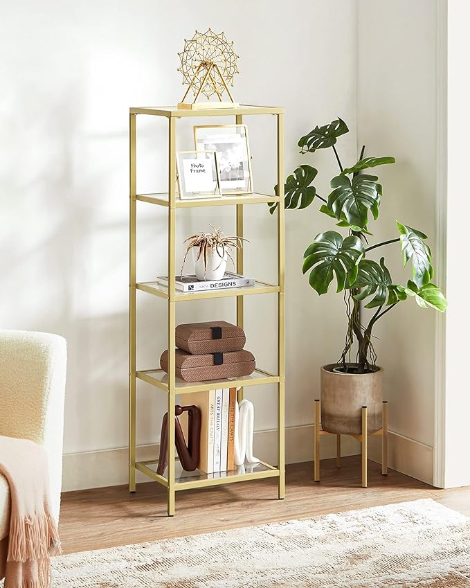VASAGLE Bookcase, 5-Tier Bookshelf, Slim Shelving Unit for Bedroom, Bathroom, Home Office, Tempered Glass, Steel Frame, Metallic Gold ULGT029A01