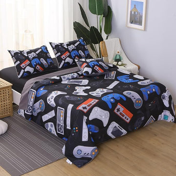 6Pcs Game Console Comforter Set with Sheets for Boys Girls Kids Teens, Gamepad Collection Themed Bed in A Bag Twin Size, 3D Video Gamer Controller Bedroom Decor Bedding Set