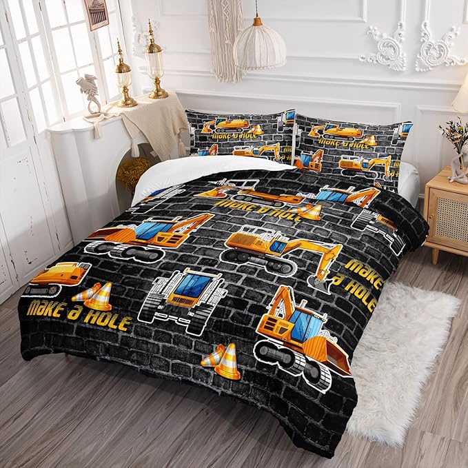 Axolotl Excavator Bedding Set Queen Size,Yellow Excavator Bed Comforter for Kids Boys Teens,Tractor Truck Bedding Set for Boys,Construction Bedding Set for Boys,1 Quilt 2 Pillowcases,Deep Grey