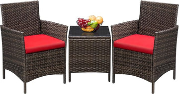 Greesum 3 Pieces Patio Furniture Sets Outdoor PE Rattan Wicker Chairs with Soft Cushion and Glass Coffee Table for Garden Backyard Porch Poolside, Brown and Red