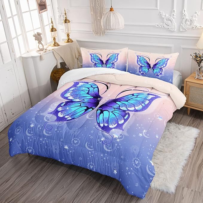 Datura home Bedding Comforter Set Pink Purple Butterfly Printed Pattern Quilt with 1 and 2 Pillowcases for Girls Bedroom All Season(Butterfly Twin) Twin 68x86inches