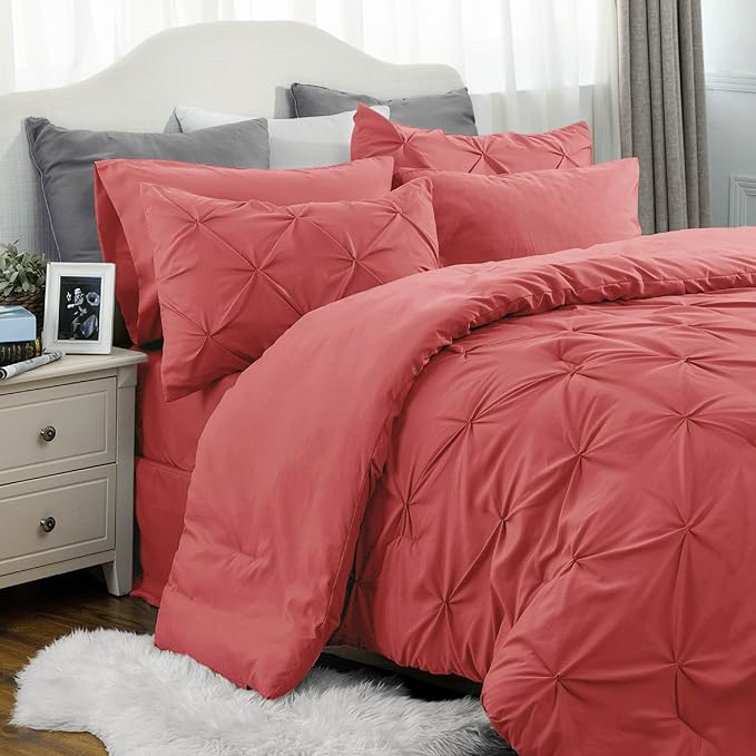 Bedsure King Size Comforter Set - Bedding Set King 7 Pieces, Bed in a Bag Bed Set with Comforter, Sheets, Pillowcases & Shams (Coral Red)
