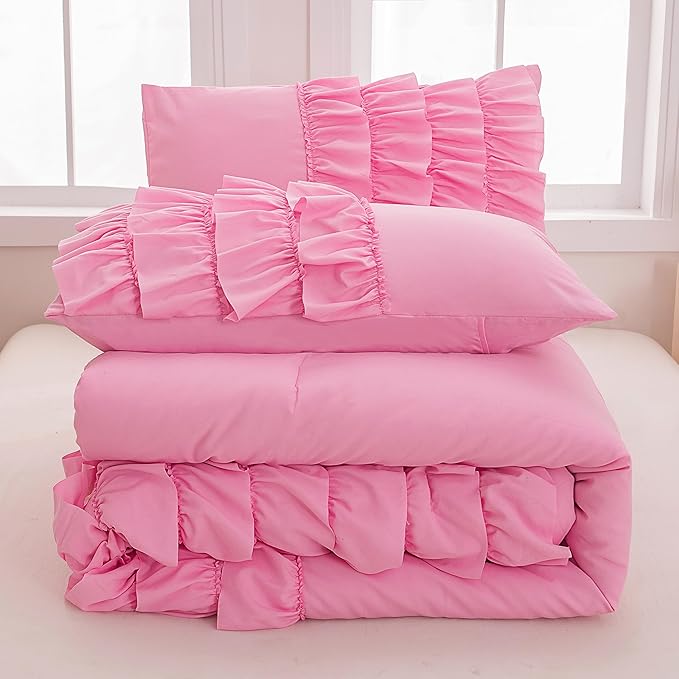 Pink Ruffle Comforter Set Twin, Girls Comforter Set Twin, Princess Comforter Set Twin, Pink Twin Bed Set for Girls, Kids Teen Girls Bedding Sets with 2 Pillowcases