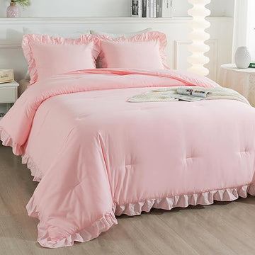 Andency Pink Comforter Set Full, 3 Pieces Lightweight Soft Rustic Pink Ruffle Comforter Women Girls, Solid Farmhouse Shabby Chic Microfiber Bedding Comforter Set