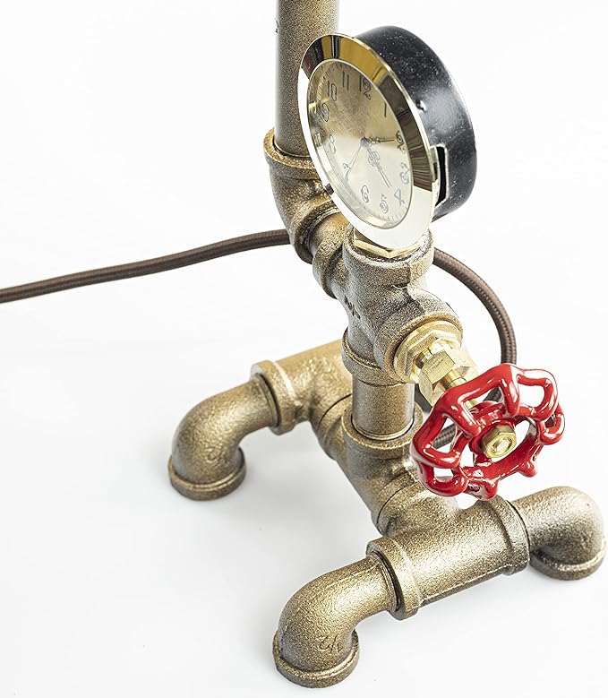 Steampunk Lamp with Dimmer, Dimmable Loft Style Industrial Vintage Antique Style Light with Bulb, Clock with Iron Piping Desk Lamp, Retro Desk Lamp LL-029