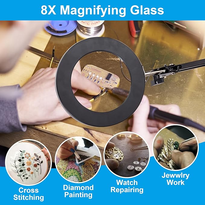 8X Magnifying Glass with Light, 3 Color Modes Stepless Dimmable 8-Diopter Real Glass Lens Magnifier with Light Desk Lamp Clamp Swivel Arm for Crafts Workbench