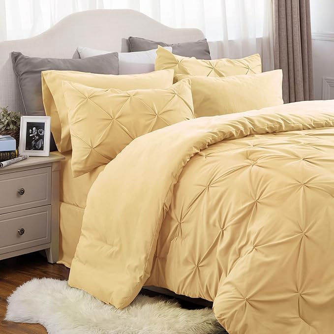 Bedsure King Size Comforter Set - Bedding Set King 7 Pieces, Pintuck Bed in a Bag Yellow Bed Set with Comforter, Sheets, Pillowcases & Shams
