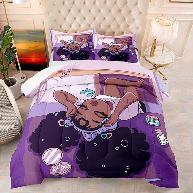 African American Black Girl Comforter Set Twin Size, Black Girls Magic Duvet Comforter for Kawaii Bedroom Decor, Black Girl Love Music Purple Bedding Set with 1 Comforter +1 Pillowcase
