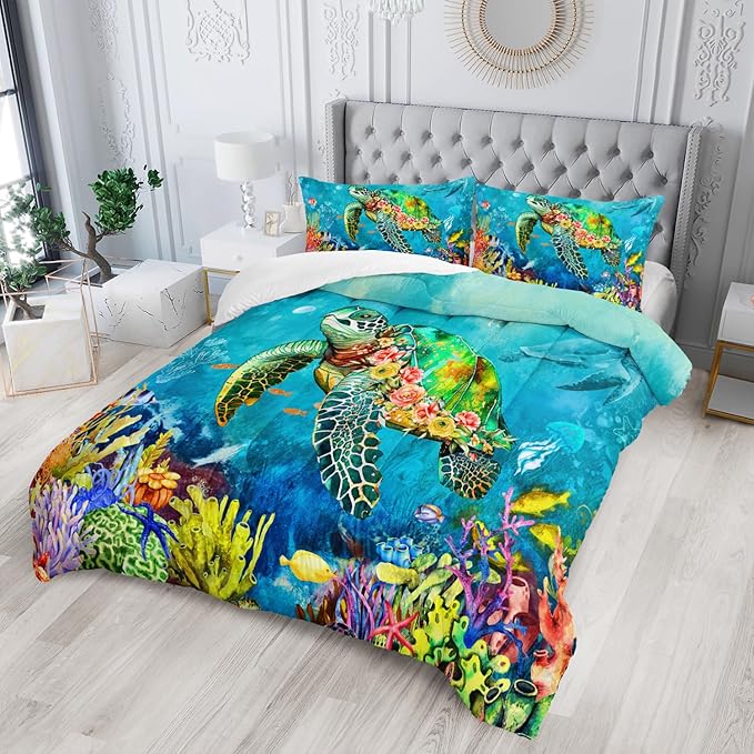 Kids Turtle Rose Comforter Set Full Beach Theme Jellyfish Starfish Bedding Set Sea Animal Reptile Bed Set with 2 Pillowcases for Boys Girls Room Decor