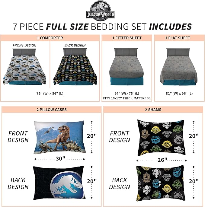 Franco Kids Bedding Super Soft Comforter and Sheet Set with Sham, 7 Piece Full Size, Jurassic World
