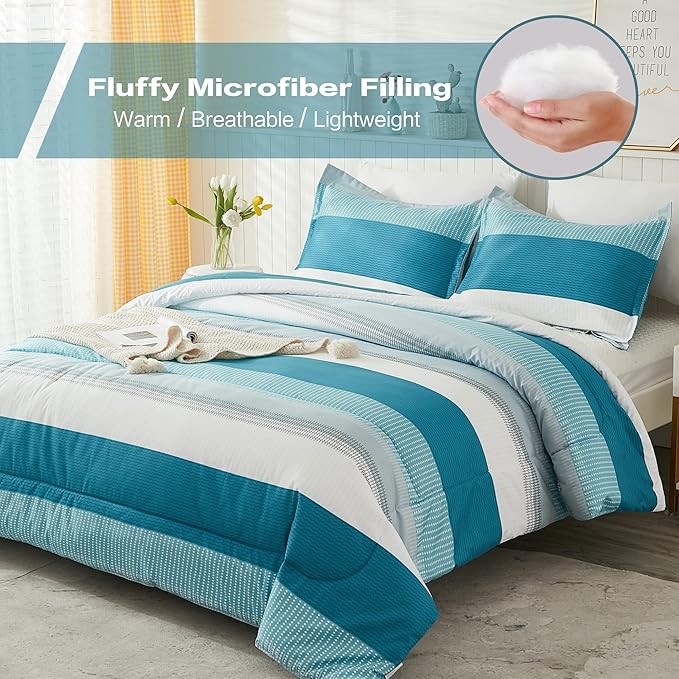 Litanika Teal White Bed Comforter Twin Set, XL Twin Comforter Striped Bedding Comforter Set, 2 Pieces Lightweight Soft All Season Down Alternative Comforter (1 Comforter, 1 Pillowcase)