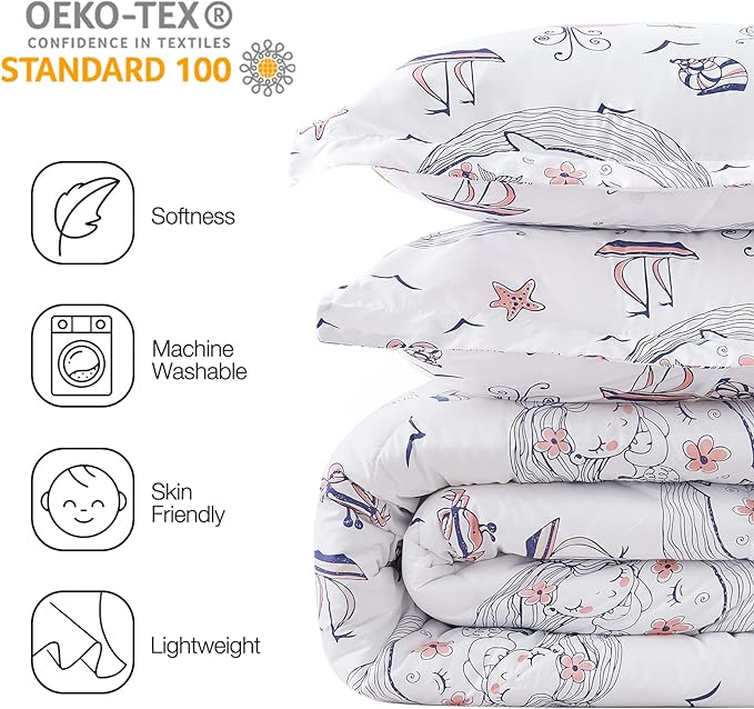 JSD Girls Mermaid Full Comforter Set for Girls, 3 Piece Kids Printed Comforter with Pillow Sham, Soft Comfortable Machine Washable
