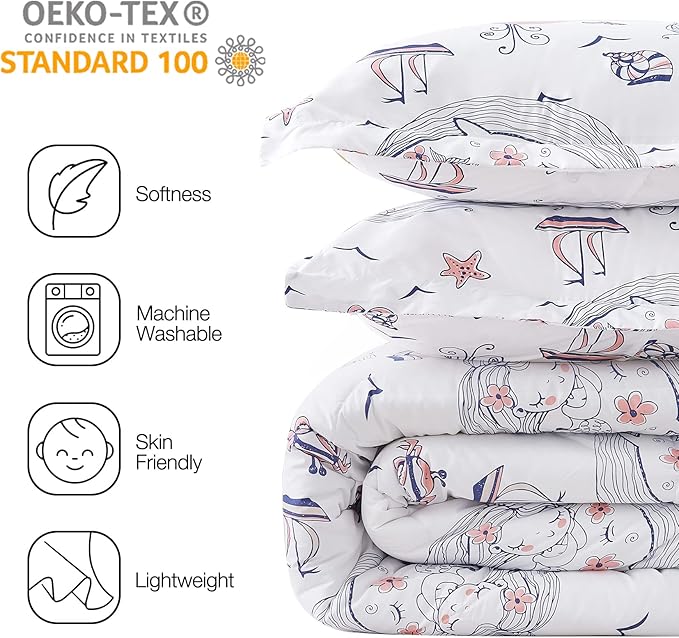 JSD Girls Mermaid Queen Comforter Set for Girls, 3 Piece Kids Printed Comforter with Pillow Shams, Soft Comfortable Machine Washable