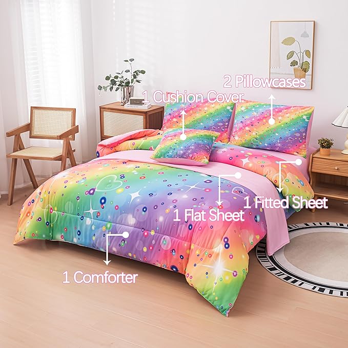 Twin Comforter set for Girls, Tie Dye Rainbow Comforter Twin, 6 Pcs Girls Bed in a Bag Twin, Kids Comforter Sets for Girls(1Comforter, 1Flat Sheet, 1Fitted Sheet, 1 Pillow Cover, 2Pillowcases)