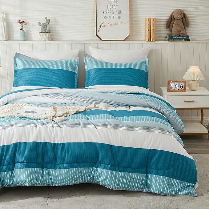 Litanika Teal White Bed Comforter Twin Set, XL Twin Comforter Striped Bedding Comforter Set, 2 Pieces Lightweight Soft All Season Down Alternative Comforter (1 Comforter, 1 Pillowcase)