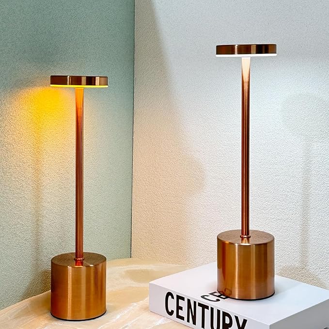 2 Pack Cordless Table Lamp Rechargeable 5000mAh Battery Operated Portable LED Desk Lamp 3 Color Temperature Stepless Dimming for Bedroom Restaurant Coffee Shop Party (Rose Gold)
