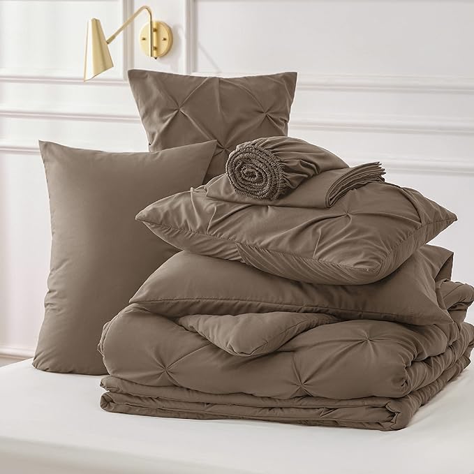 Bedsure Twin XL Comforter Set - Extra Long 5 Pieces Dorm Room Essentials, Pinch Pleat Brown Bed in a Bag with Comforter, Sheets, Pillowcase & Sham, Kids Bedding Set