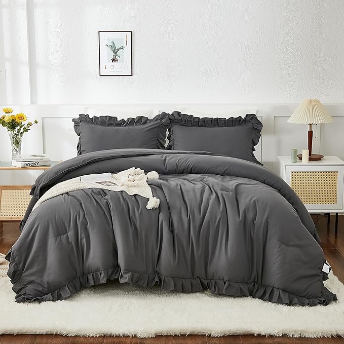 Andency Dark Gray Comforter Set Full, 3 Pieces Full Bed Solid Bedding Comforters & Sets, (1 Ruffle Comforter and 2 Pillowcases) All Season Lightweight Fluffy Soft Microfiber Bedding Set(79x90Inch)