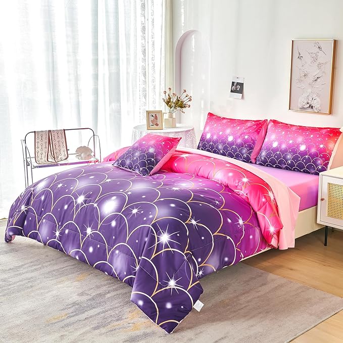 URBONUR 6Pcs Twin Comforter Set for Girls Pink and Purple Mermaid Printed Kids Bedding Set, Soft Microfber Gilrs Twin Bed Sets