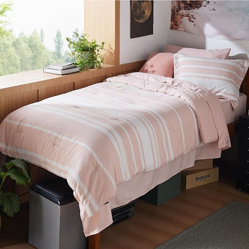 Bedsure Twin XL Comforter Set for College Girls, Pink Striped Bedding Comforter Sets All Season Bed Set with 1 Pillow Sham, Flat Sheet, Fitted Sheet and 1 Pillowcase
